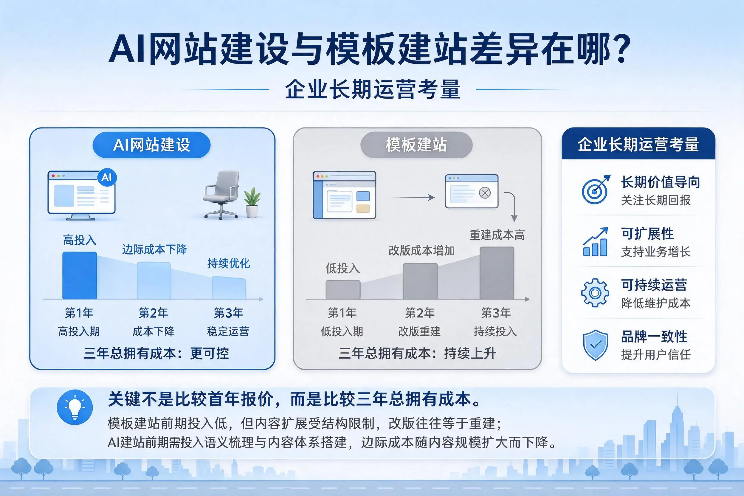 AI网站建设与模板建站差异在哪?扬州企业长期运营考量